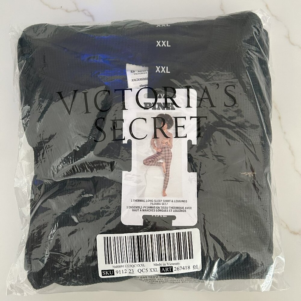 Victoria's Secret Thermal Long Sleep Shirt & Leggings Pajama Set BLACK WOMENS 2X